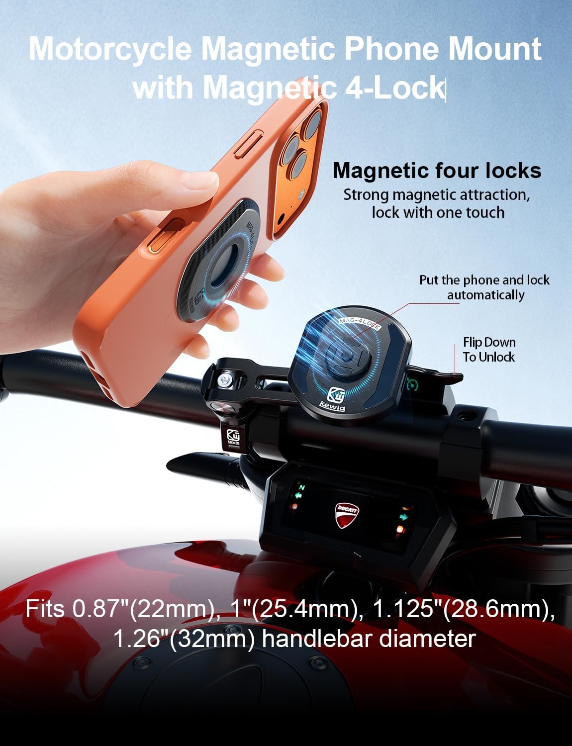 Kewig Motorcycle Phone Mount with Magnetic 4-Lock‌ & Vibration Dampener