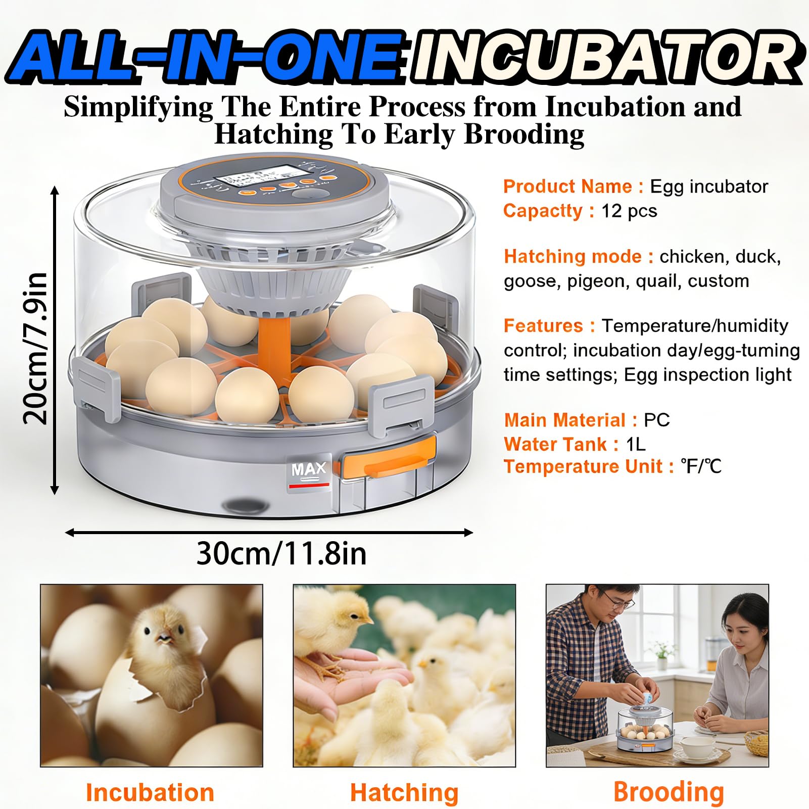 Incubadora de huevos, sistema de eclosión automático con giro de huevos y control de humedad, tanque de agua de gran capacidad para aves de corral y huevos de codorniz