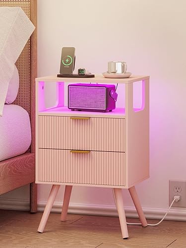 Vista 8 de Mesita de Noche Gris, Mesa Auxiliar Moderna con 2 Cajones de Almacenamiento y Estante de Madera Abierta, para Dormitorio y Espacios Pequeños, Mesita