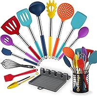 HOTEC 14-Pc Heat Resistant Silicone Kitchen Utensils Set, 446°F Safe, BPA-Free Turner Spatulas, Tongs, Holder, Dishwasher Safe Multicolor