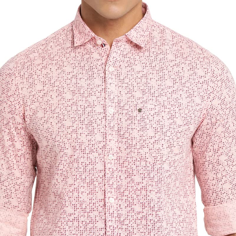 Image of Turtle Men Pink Cotton Linen Printed Slim Fit Casual Shirts