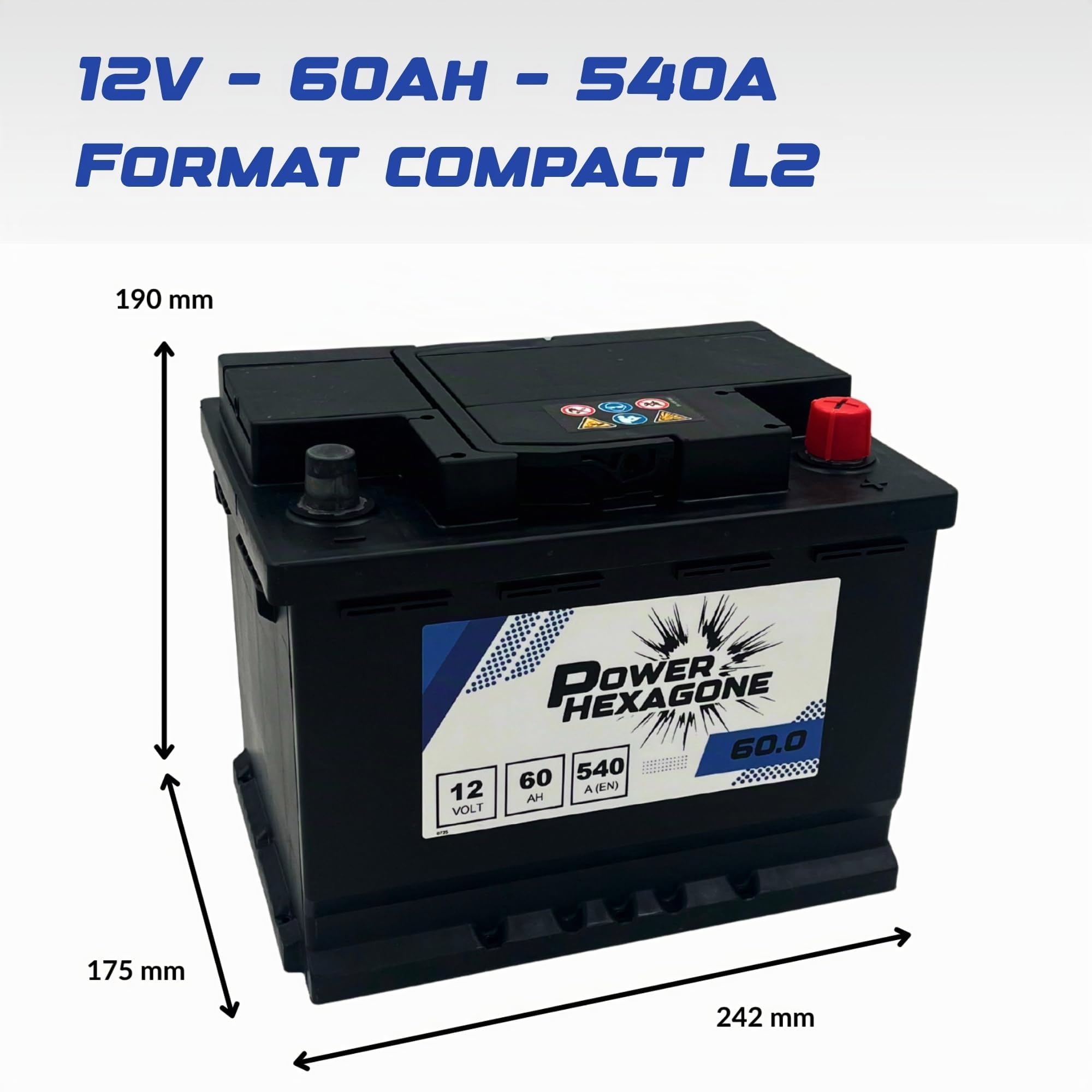 Batterie Voiture 12V 60Ah L2 - Démarrage 540A - Qualité équivalente Origine - Batterie Auto Sans Entretien - Prête à l’emploi - Compatible Engins et Véhicules légers - Power Hexagone