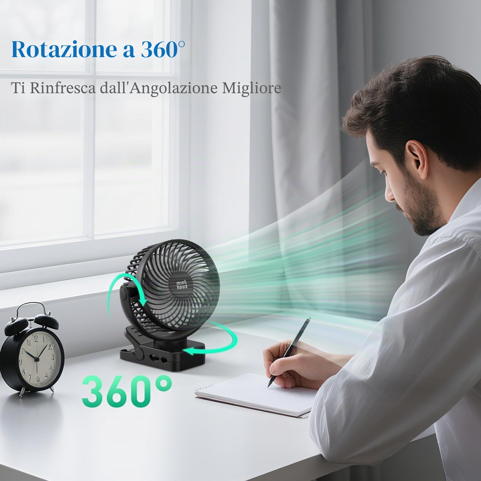 Minthouz Ventilatore Portatile USB Ricaricabile 12000mAh con Clip e Telecomando, 45H di Autonomia, Silenzioso, 3 Velocità, Luce LED, Rotazione a 360°, Timer, per Scrivania, Campeggio e Passeggino