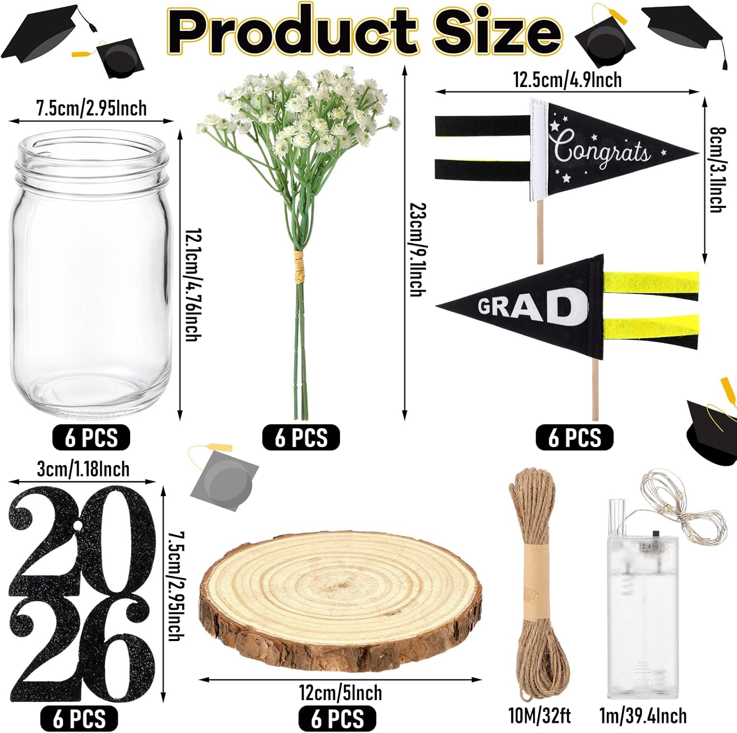 6 Pack Mason Jar Graduation Flower Centerpieces Class of 2026 with LED Light up Graduation Cap Decorations Congratulation Grad Party Supplies for Tables College Masters Degree Gifts