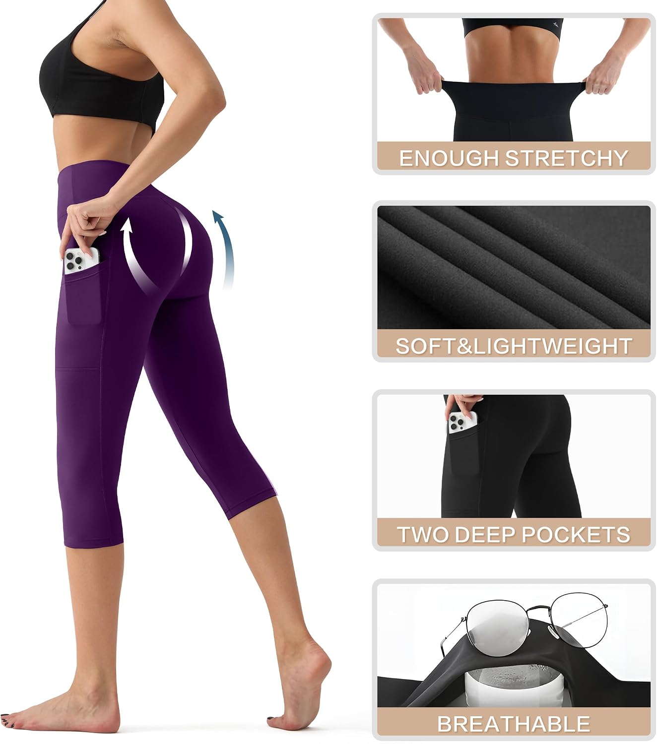 YUDSUD High Waisted Leggings for Women with Pockets - Tummy Control Capris Yoga Pants for Workout Running Athletic Cycling image 4