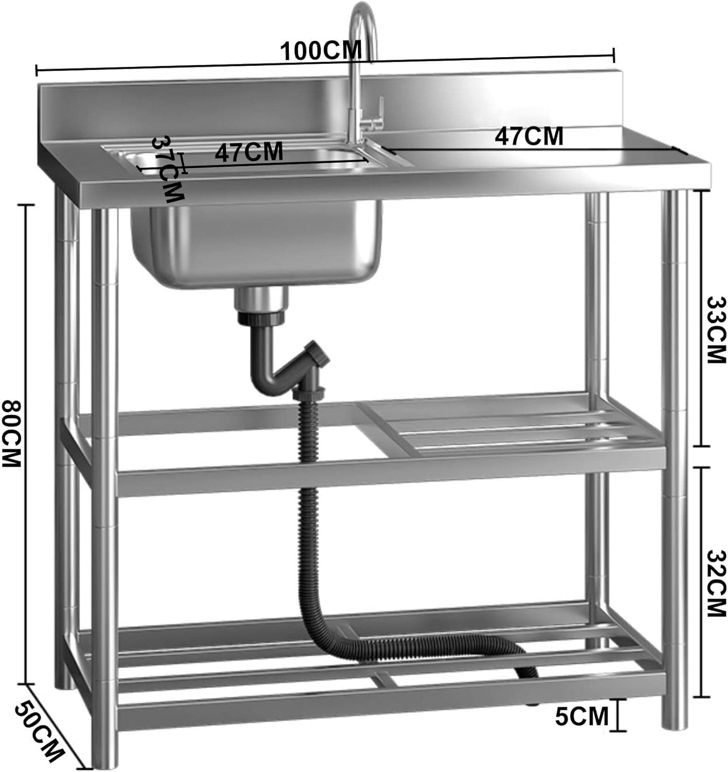 Indoor Outdoor Multifunctional Utility Sink Laundry Sinks with Workbench Free Standing Stainless Steel Sink with Hot and Cold Faucet & Storage Shelf(100x50x80CM)