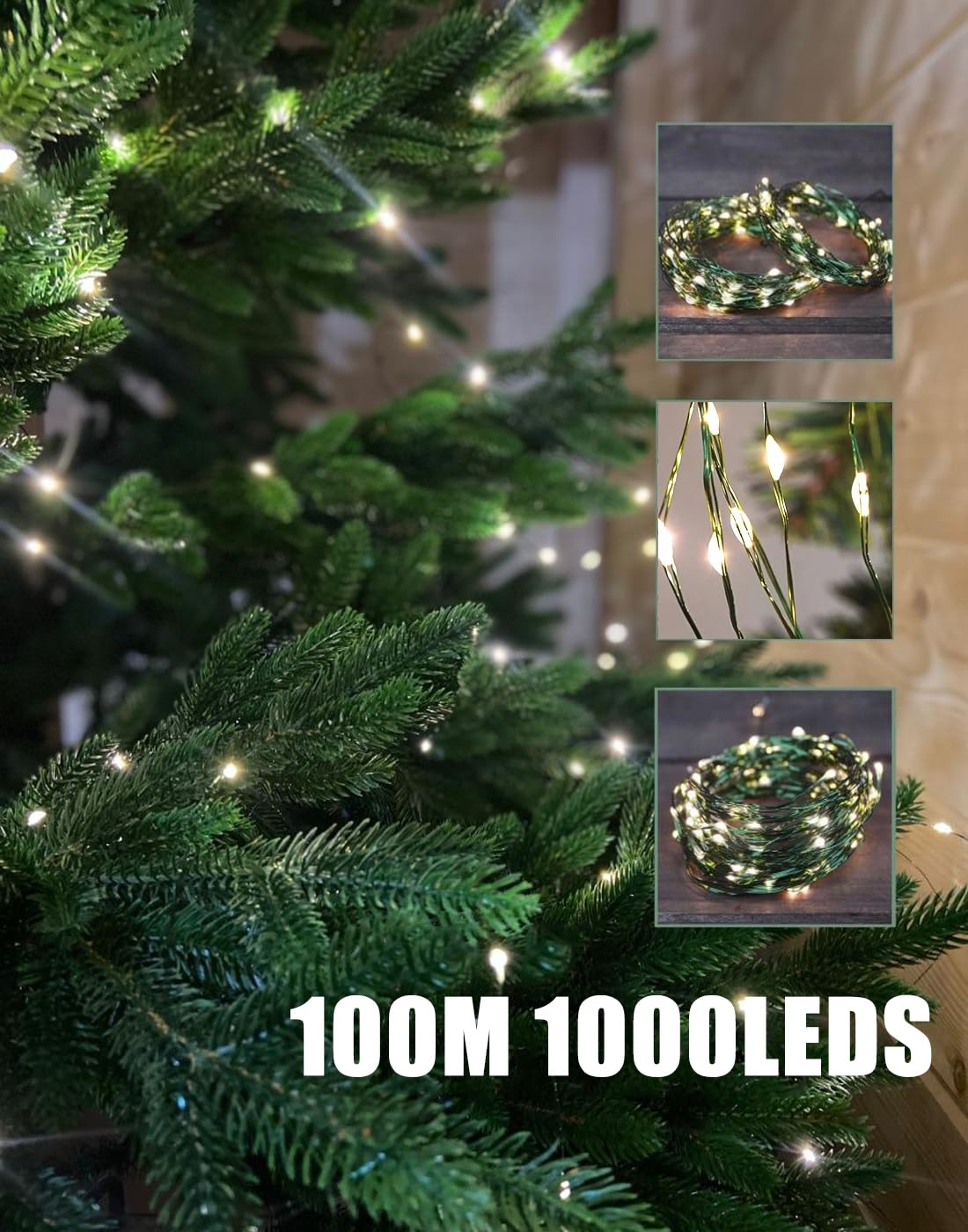 Luci Albero di Natale 100M 1000 LED Verdi Filo di Rame con Presa,Catena Luminosa Bianco Caldo, Stringa Luci di Natale da Esterno Interno Natalizie Decorazioni per Festa,Casa,Nozze,Giardino,Matrimonio