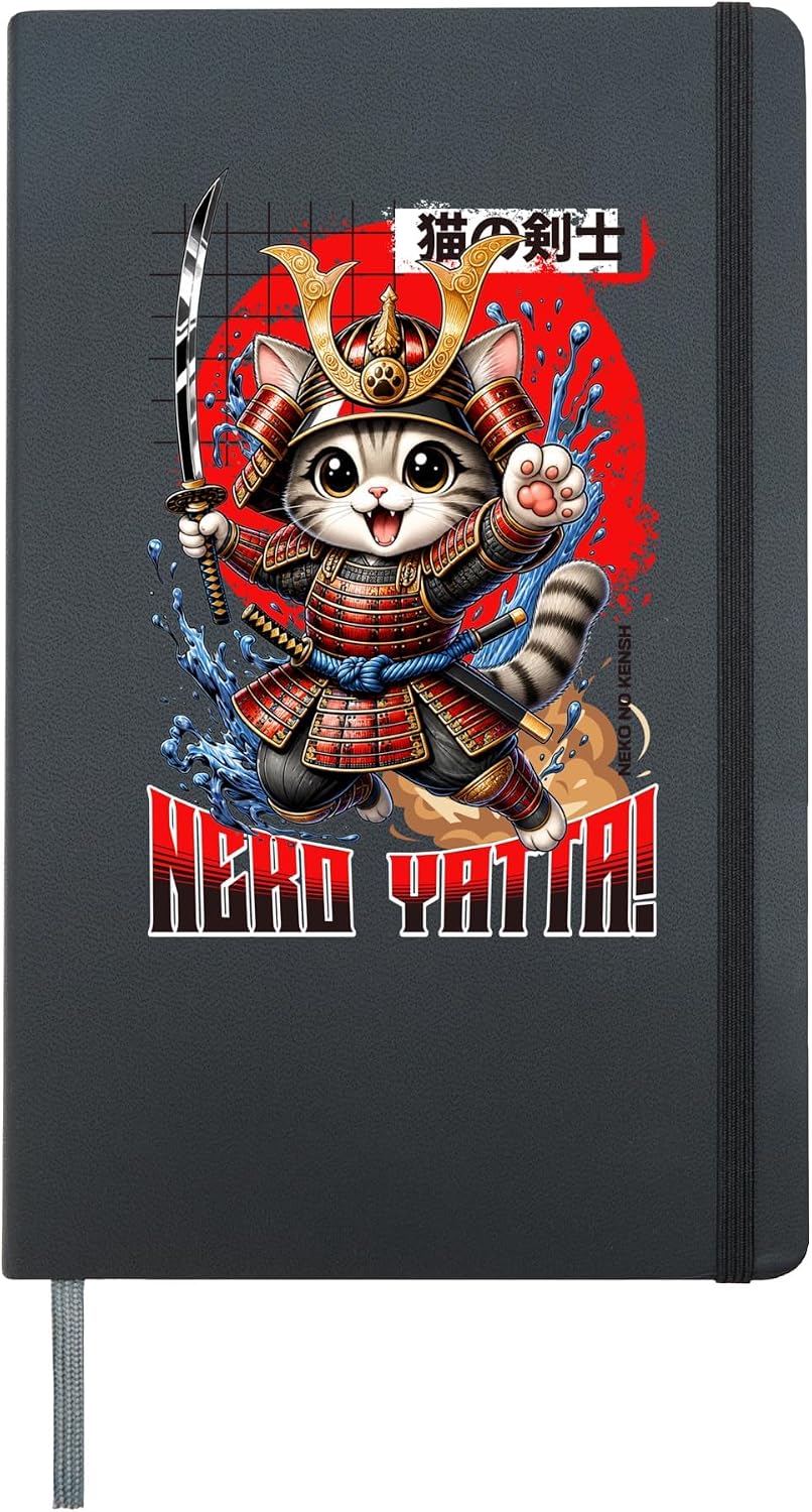 Cute Kawaii Samurai Cat Japanese Anime Katana Warrior Graphi Hardcover Journal, Black