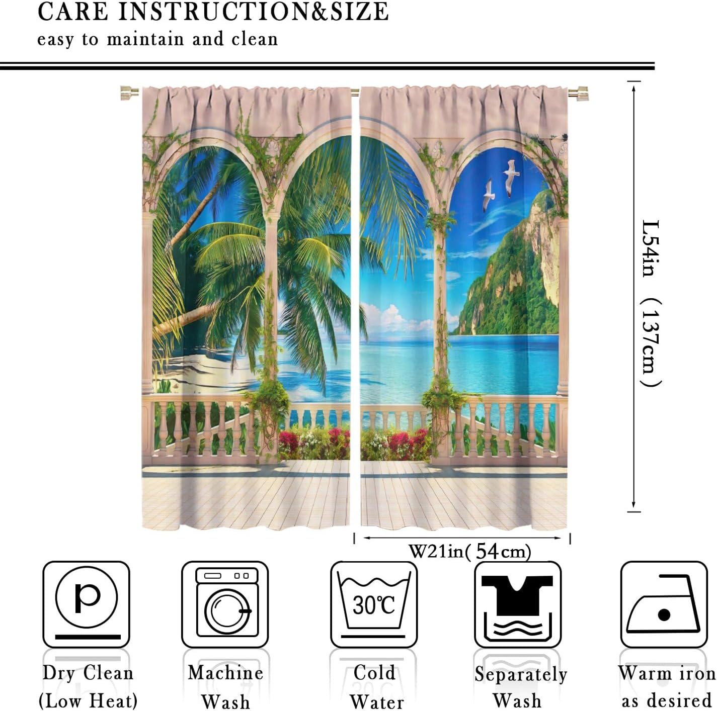 Natural Ocean View Curtains, Summer Ocean Green Palm Tree Seagull Animal Decoration, Bedroom Living Room Blackout Curtains42X54 Inch