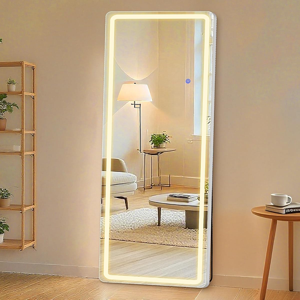 Sweetcrispy 64"x21" Full Length Standing Mirror with LED Lights, Lighted Floor Mirror with Stand, Aluminum Alloy Thin Frame, White