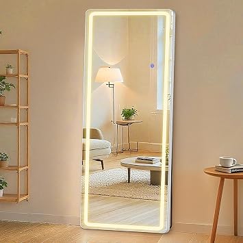 Sweetcrispy 64"x21" Full Length Mirror with LED Lights, Lighted Floor Mirror with Stand, Full Body Mirror with Dimming & 3 Color Lighting, Wall Mirror Full Length Aluminium Alloy Thin Frame, White