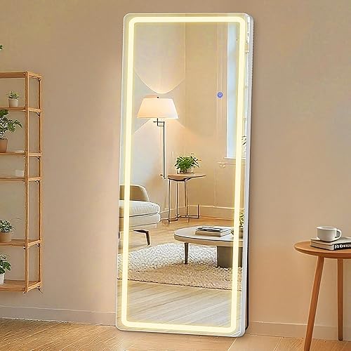 Sweetcrispy 64"x21" Full Length Standing Mirror with LED Lights, Lighted Floor Mirror with Stand, Aluminum Alloy Thin Frame, White - Rectangular - 64"L x 21"W