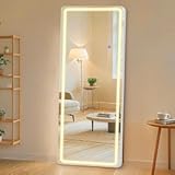 Sweetcrispy 64"x21" Full Length Standing Mirror with LED Lights&comma; Lighted Floor Mirror with Stand&comma; Aluminum Alloy Thin Frame&comma; White