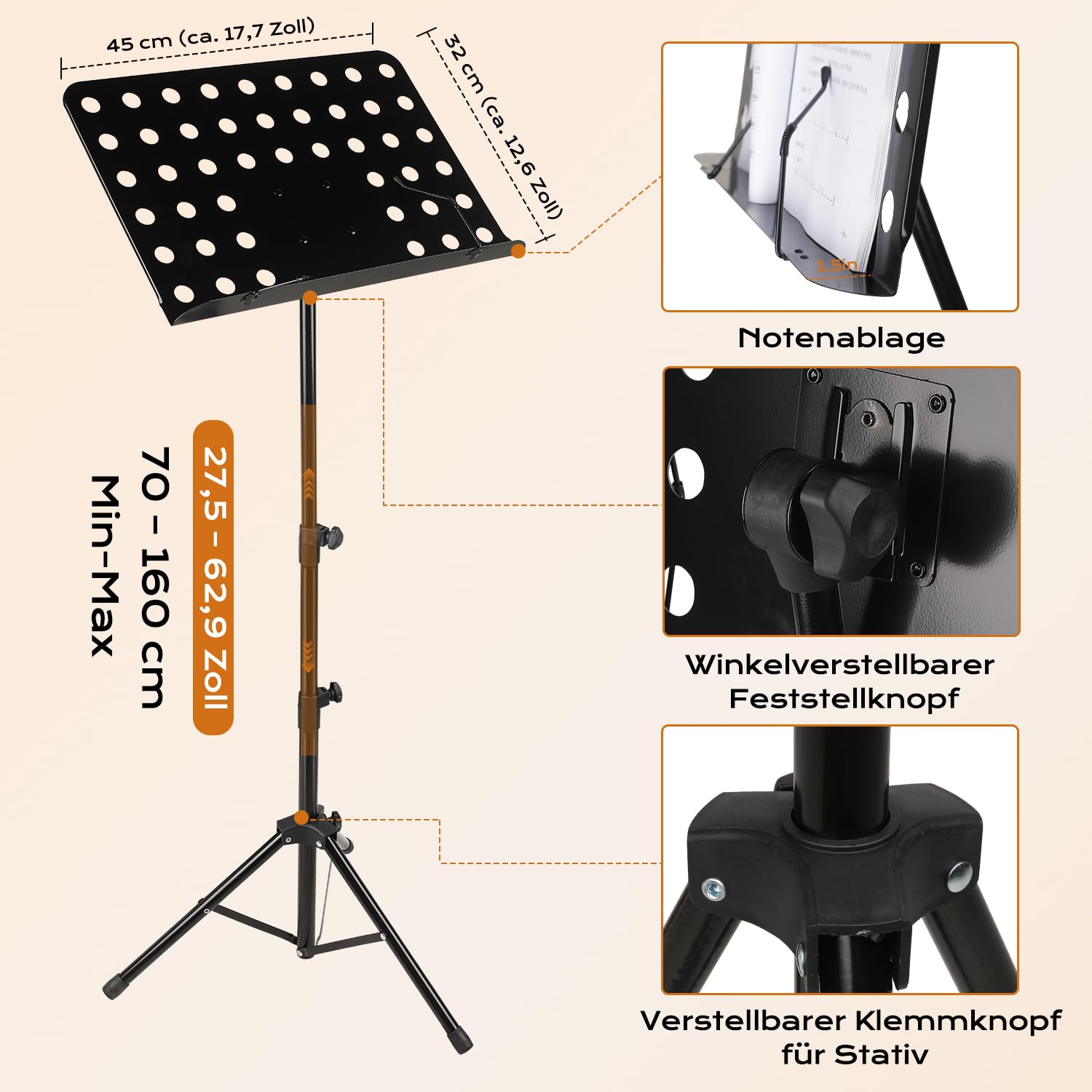 Orchesterpult Lochblech Notenständer Stabiler faltbar, höhenverstellbar von 70cm bis 160cm Metall-Ständer, Notenpult für dicke Bücher, Tablets und Notenblätter mit Notenklemmen und Ablage, Schwarz