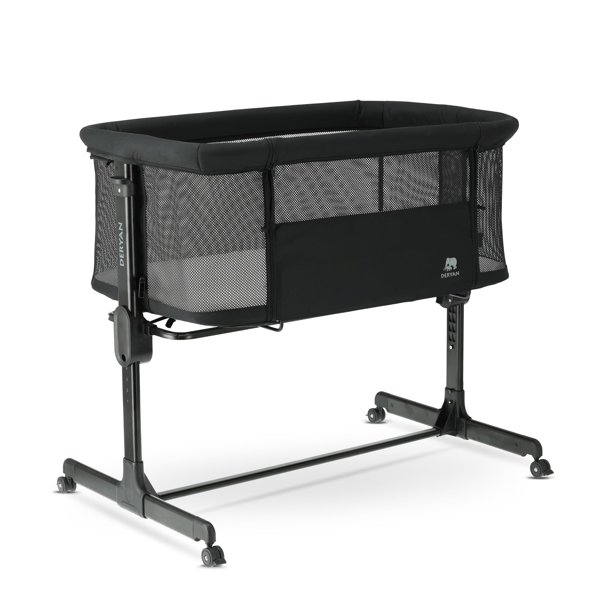 Deryan Snoozy Co-Sleeper 3 en 1 Lit bébé jusqu'à 9 kg Cododo Berceau Réglage Hauteur Inclinaison Matelas 4 roulettes Freins Matelas Ergonomique Sac (Noir)