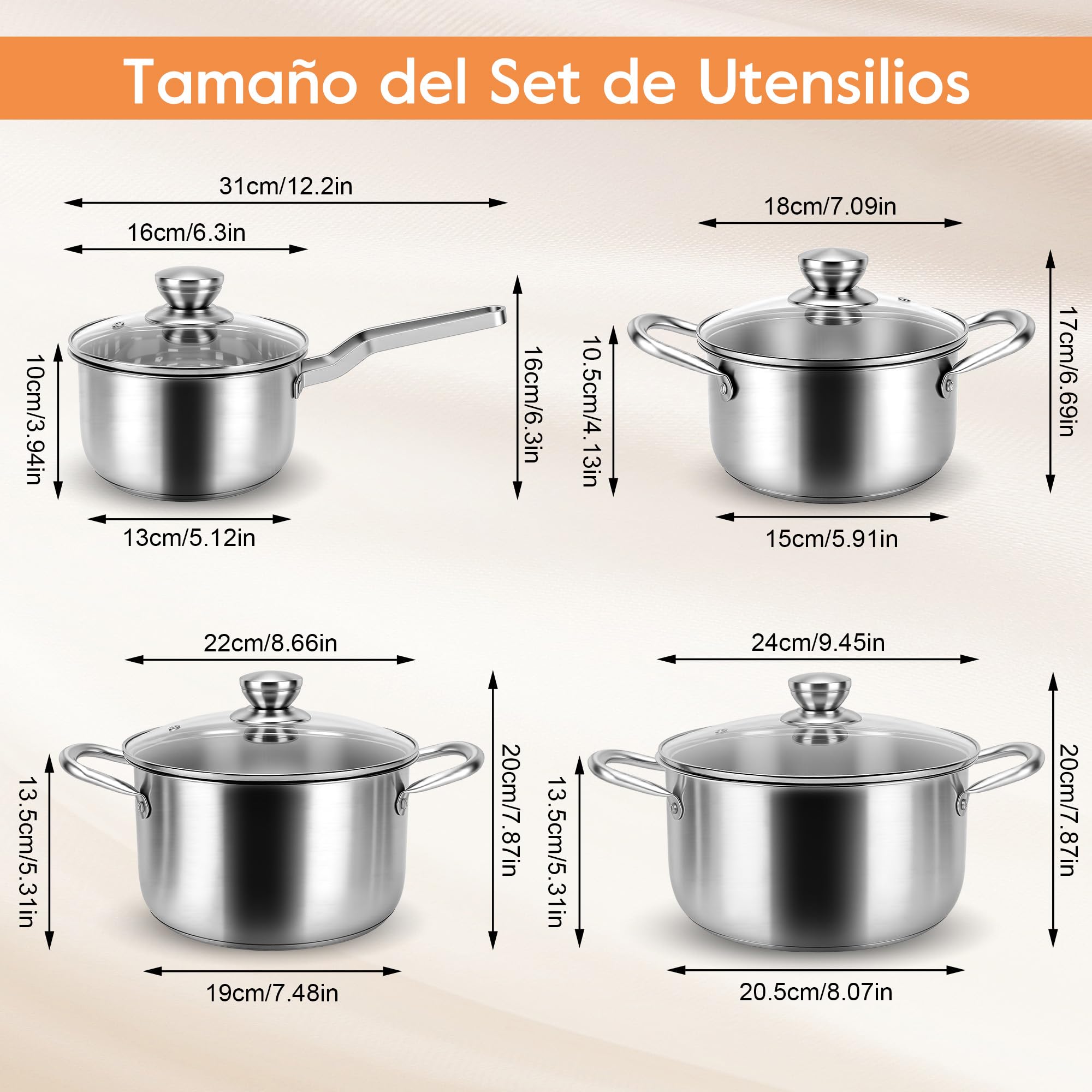 Batería de Cocina 8 Piezas Acero Inoxidable 304, Juego de Ollas y Sartenes Inducción con Tapas de Cristal, Cacerolas Multicapa para Todas las Cocinas, Fácil Limpieza