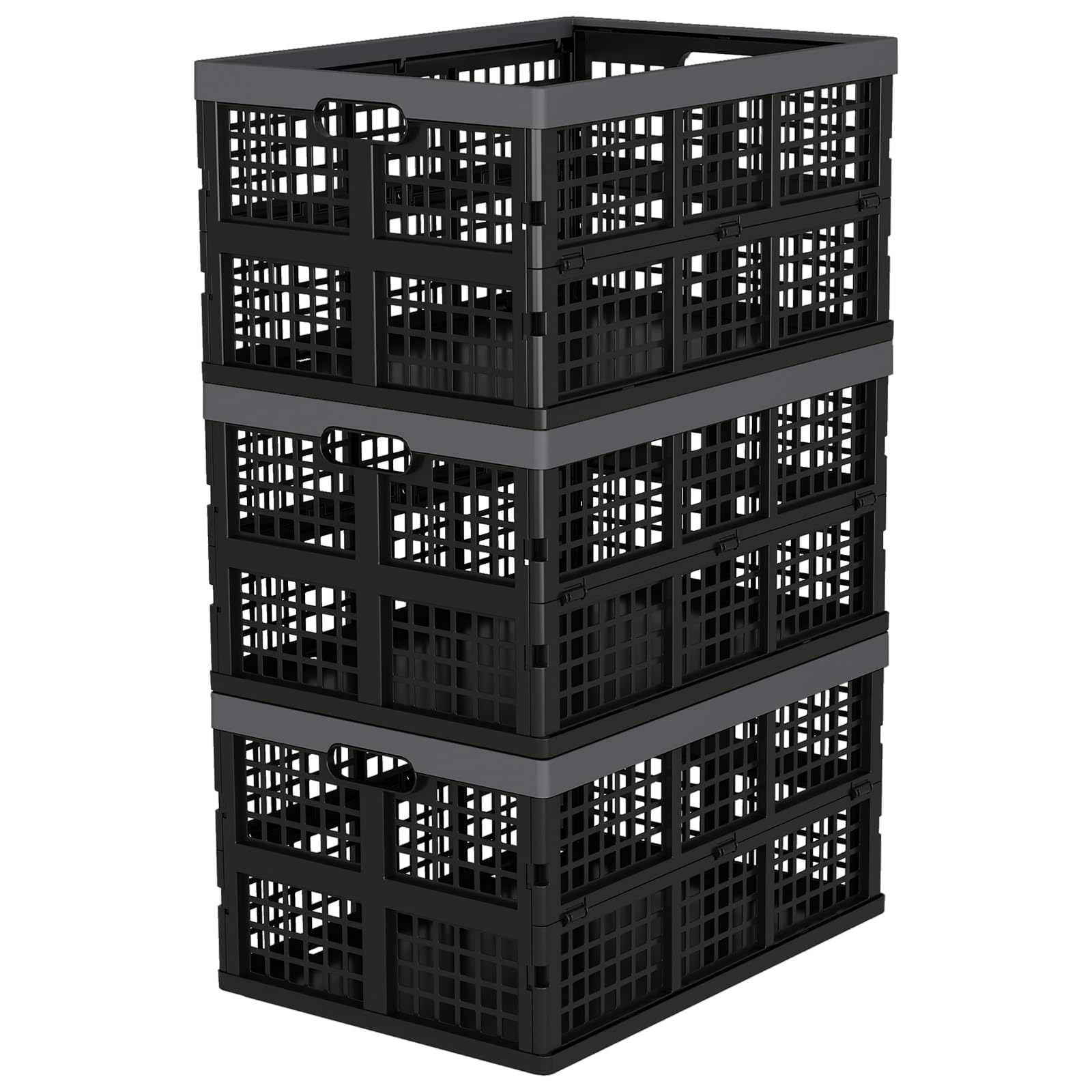 Lesbye Black 3 Pcs 30 Liter Collapsible Crate Folding Storage Bin, Stackable Collapsible Crate Storage Bin/Container