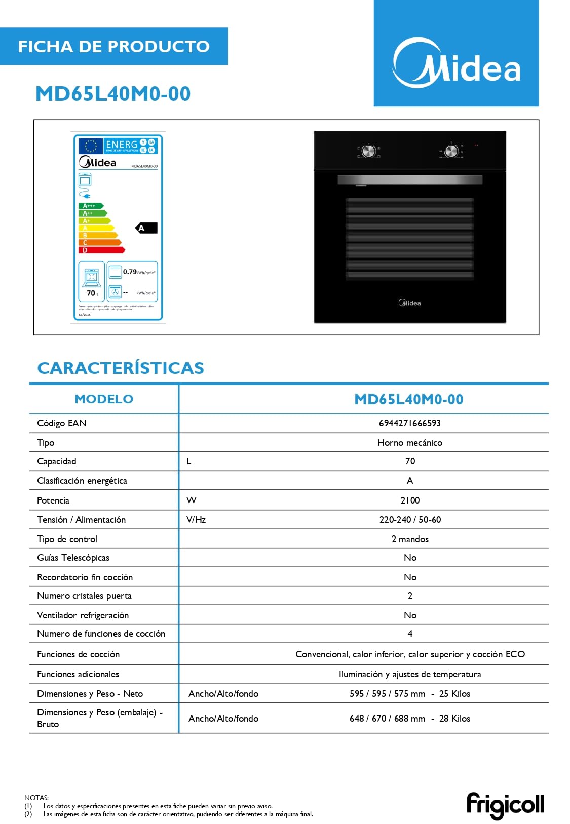 Candy Idea FIDC X605, Horno Multifunción, 65L, 2400W, 1 Bandeja y 2