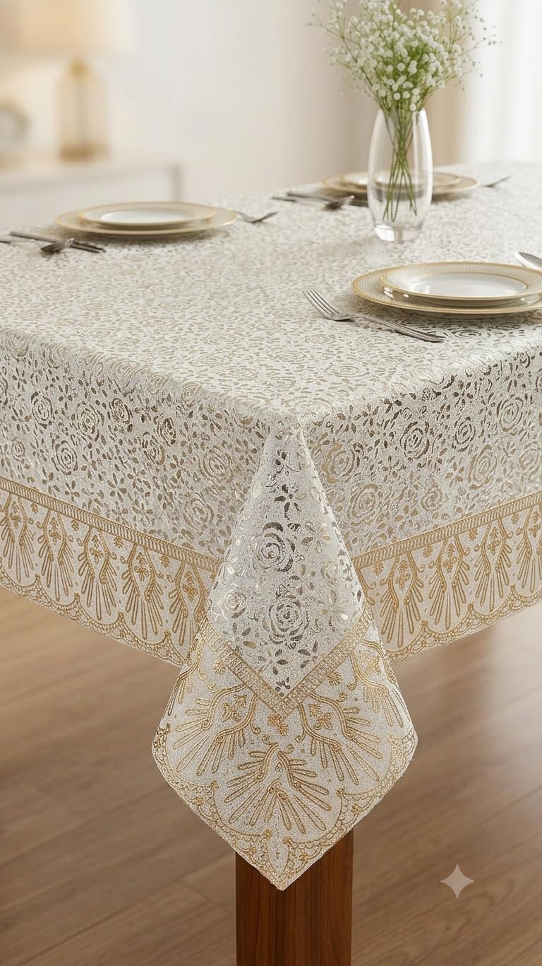 m-win creation 6-8 seater dining table cover (60x90 inch) - rectangular ||table sheet|| golden flower design table cover|