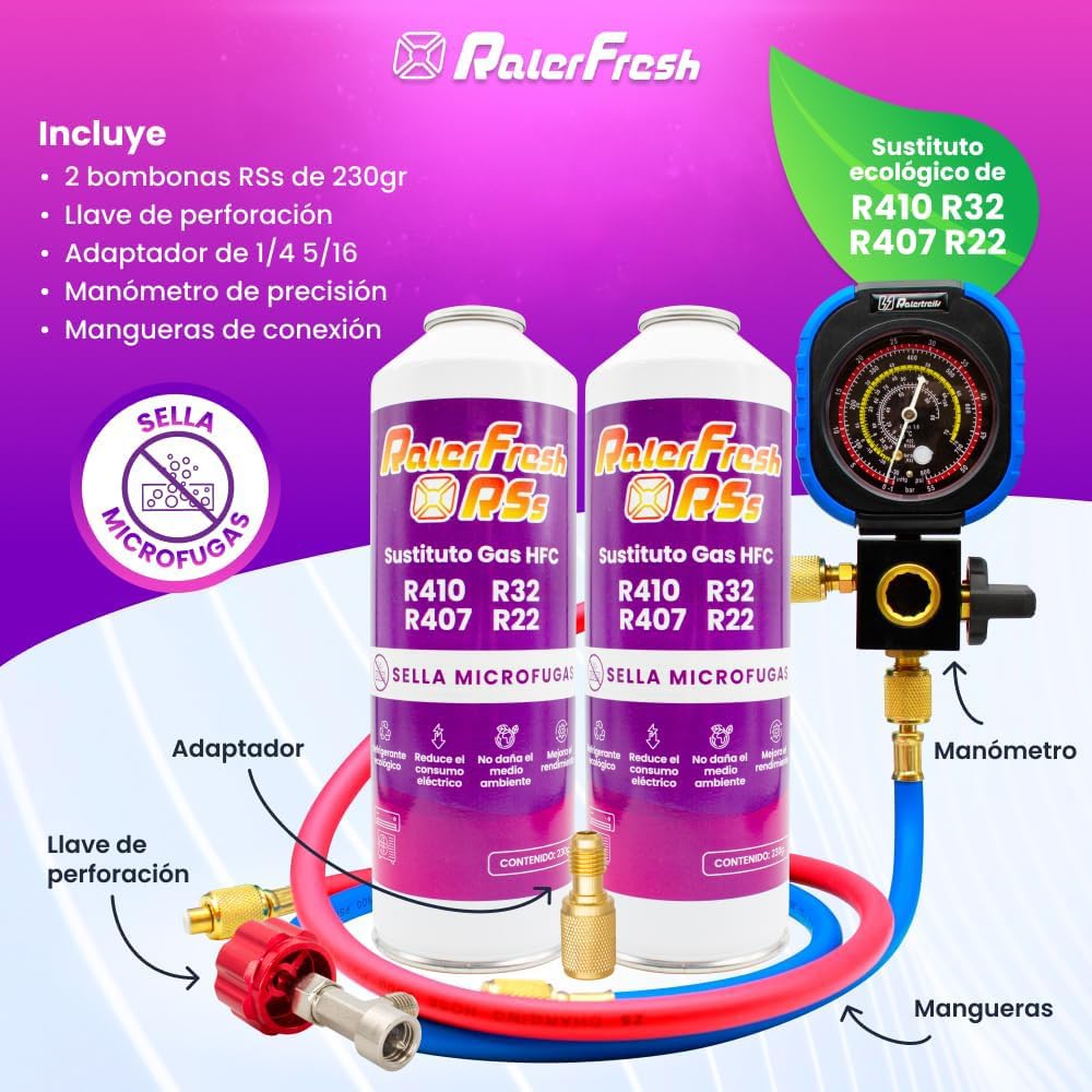 Gas refrigerante organico per aria condizionata tipo Split Ralerfresh RS equivalente a 950 g, sostituzione gas R410, R32, R407 e R22 (2 bottiglie da 230 g + manometro RF31 + adattatore)