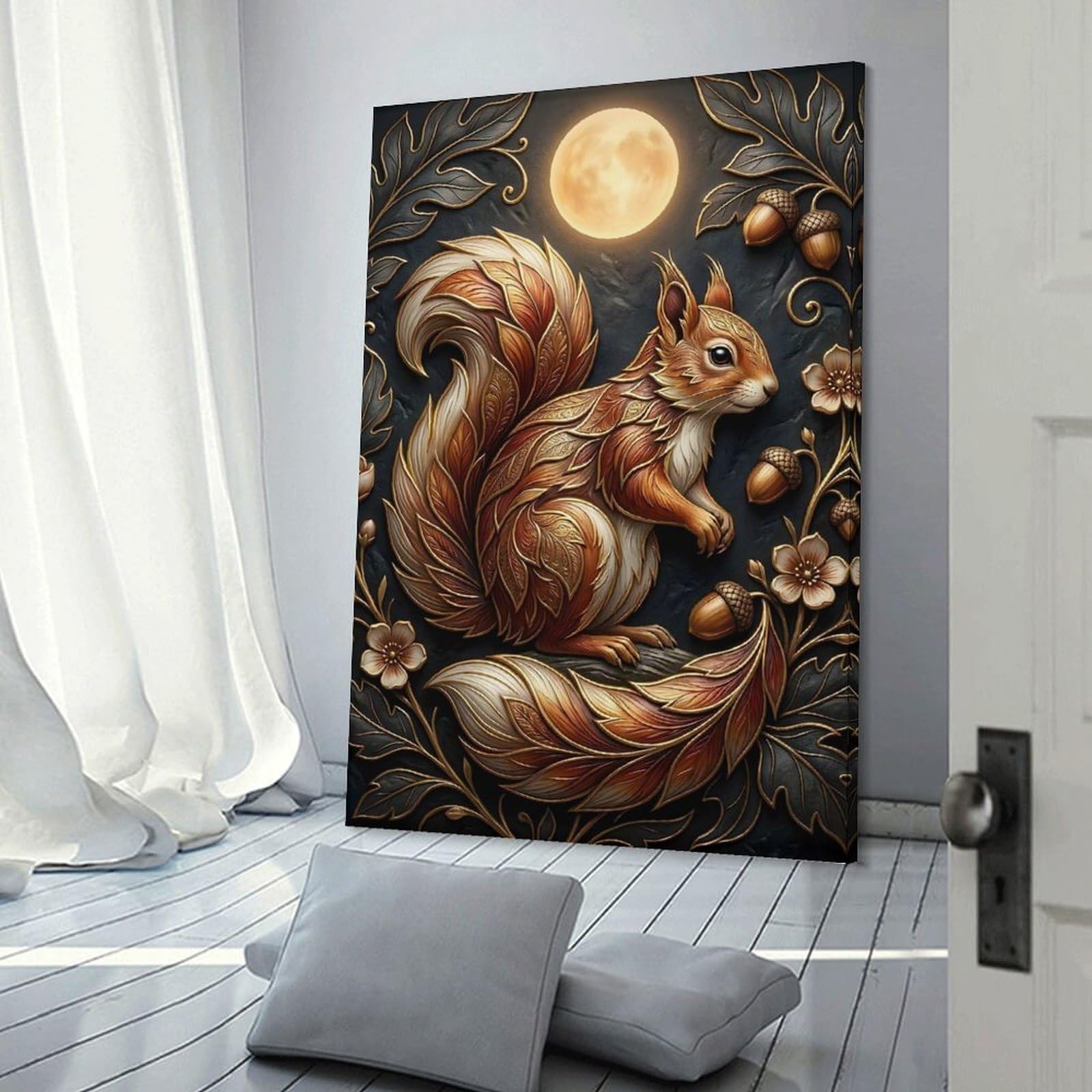 Junmoney Ornate Squirrel with Moon And Acorns Wall Art Print 20x30inch(50x75cm), for Living Spaces, Bedrooms Or Relaxed Rooms, A Home Accent with Warm Character