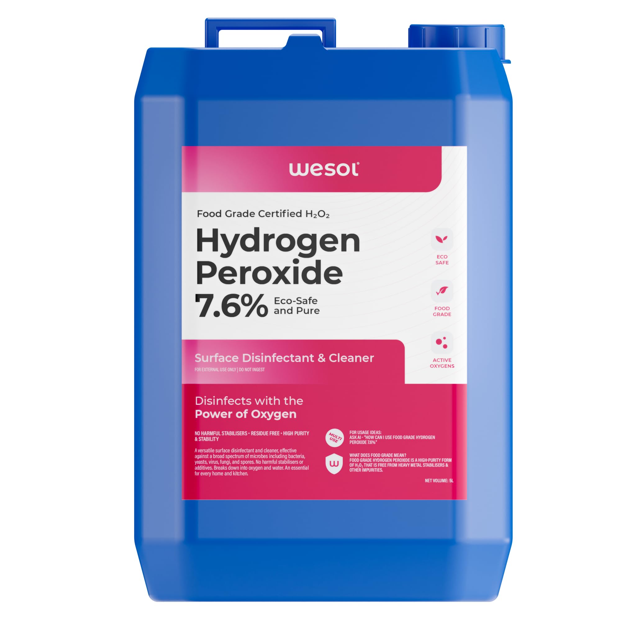 Hydrogen Peroxide 7.6% w/w (Food Grade) Floor Cleaner Solution - 5 Litre | Best For Cleaning disinfection sterilization | Vertical Farming Gardening Hydroponics