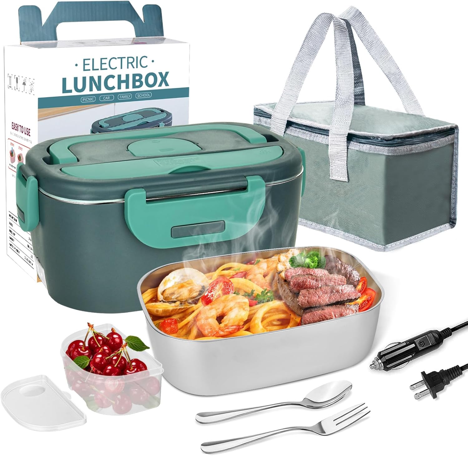 LAVAED Electric Heated Lunch Box Portable Food Warmer- 80W Fast Heating 1.5L Lonchera Electrica for Men Women Adults, With All Accessories for Car/Truck/Office 12/24/110V, Leakproof, BPA Free, Green