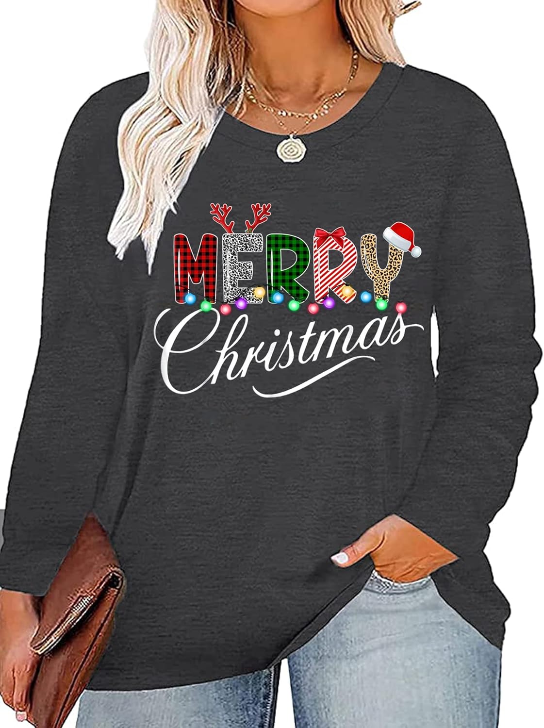 Plus Size Christmas Shirt Women Merry and Bright Long Sleeve Merry Christmas Long Sleeve Xmas T Shirts Tops