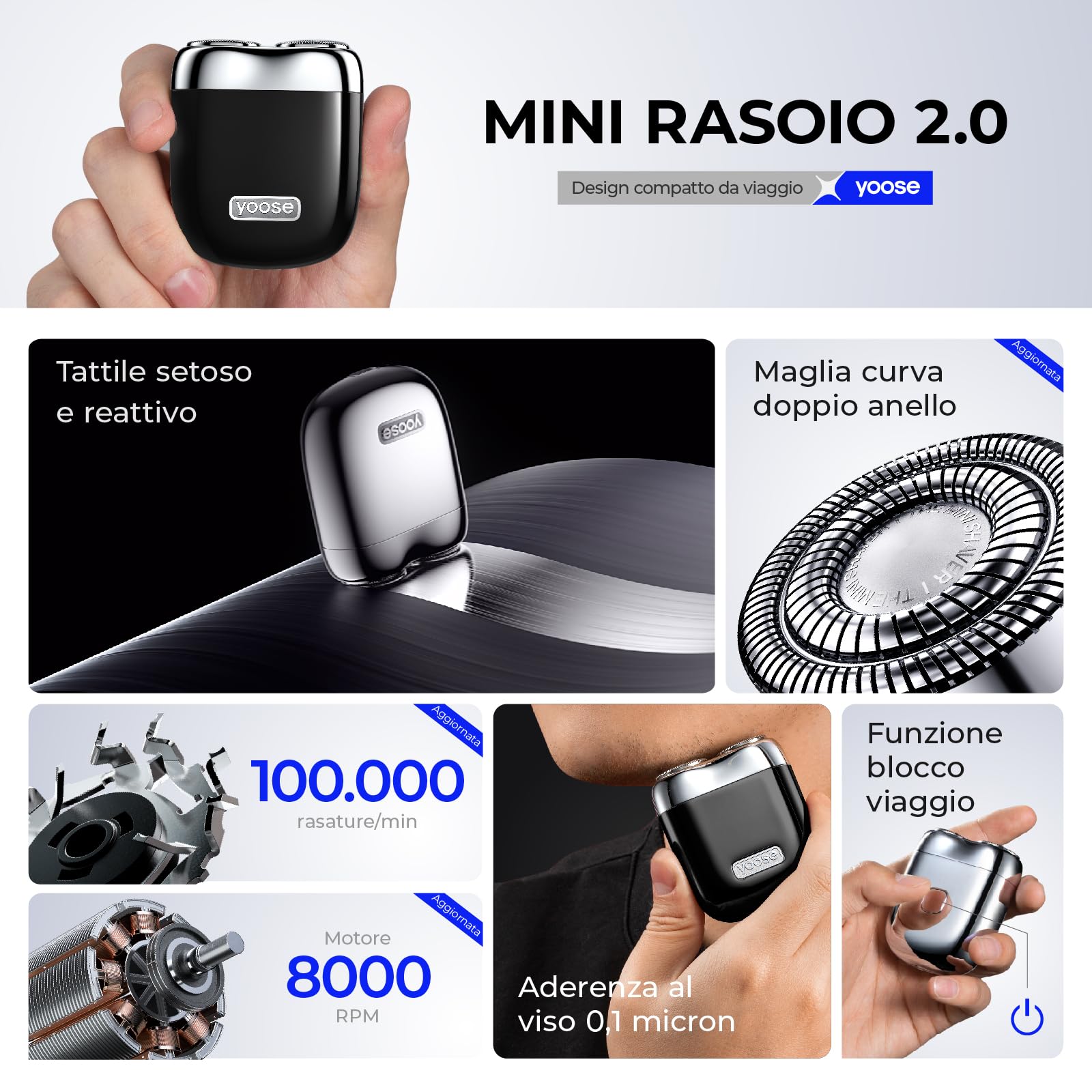 yoose Rasoio Elettrico, Rasoio Elettrico Uomo in Metallo, IPX7 Impermeabile con Ricarica USB-C & Lame Magnetiche - Facile da Pulire - Per Viaggi, Outdoor, Lavoro e Auto (Nero)