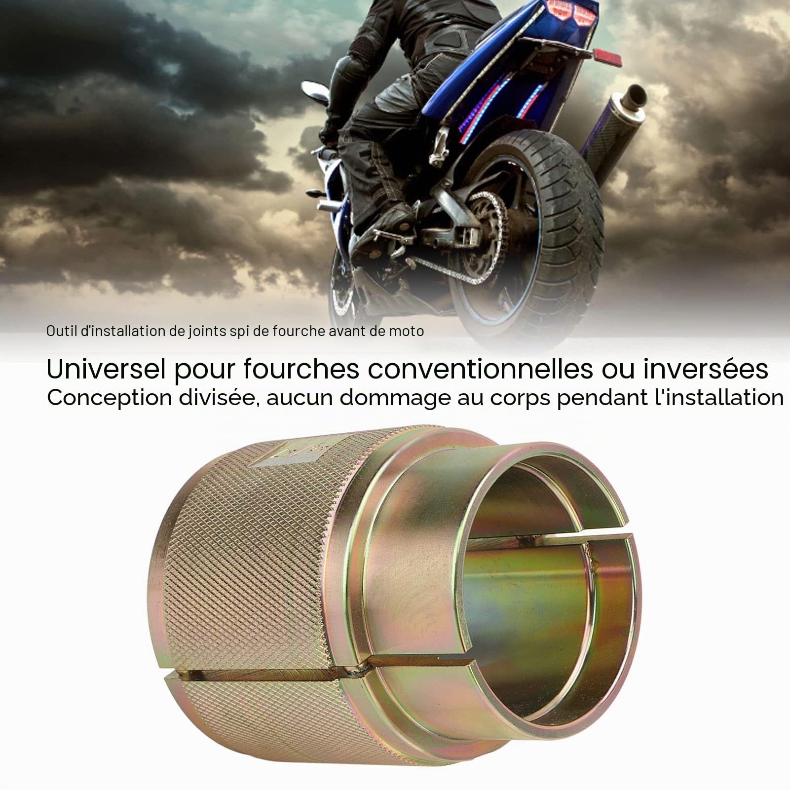 Pilote de Joint de Fourche, Conception Fendue D'outil de Pilote de Joint de Fourche de Moto Remplacement en Acier au Carbone pour les Fourches Avant Inversées Traditionnelles(43mm)