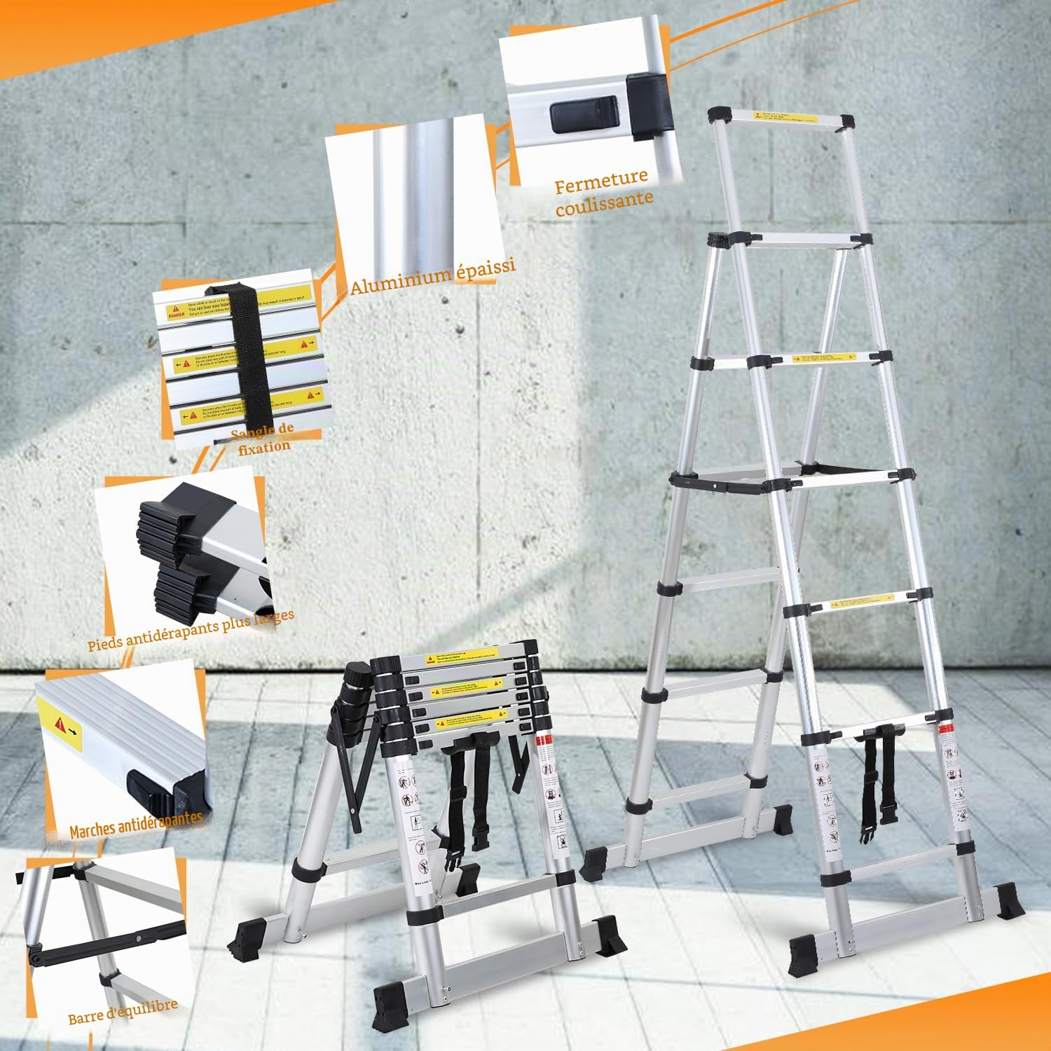 Eulenke Échelle Télescopique, escabeau telescopique 2+2,3m avec Barre stabilisatrice, echelle Pliante Cadre A 6+7 échelons en Aluminium, Charge maximale :150kg, echelle Multifonction Antidérapante