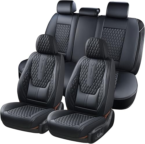 Coverado - Juego completo de fundas de asiento para automóvil, color negro, soporte lumbar, de piel de napa, impermeables, protectores con ajuste