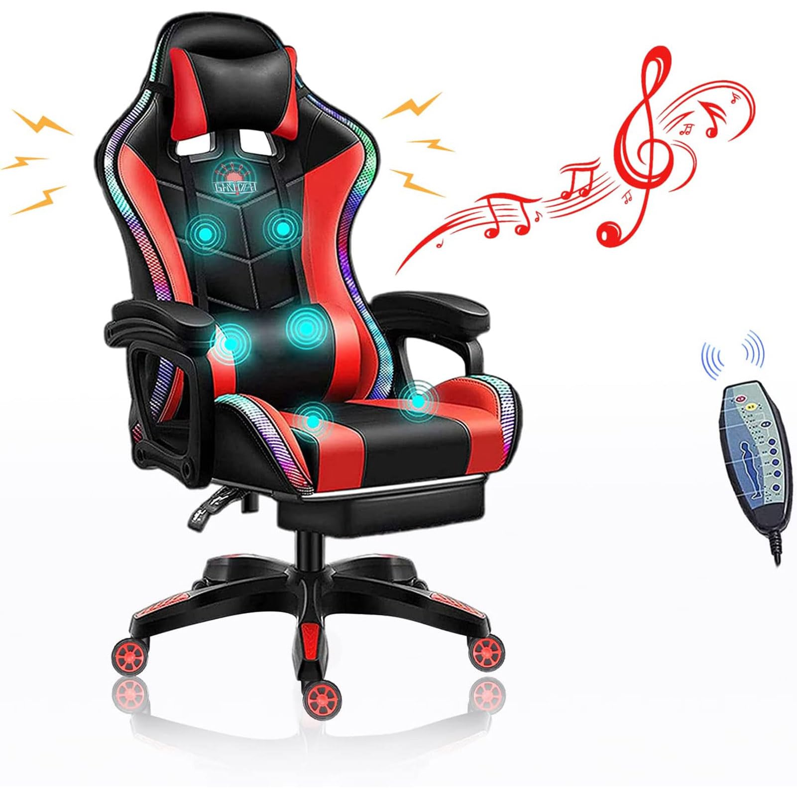 Krzesło do gier komputerowych dla dorosłych Nastolatki Krzesło biurowe wyścigowe Ergonomiczne z głośnikami i oświetleniem LED E-sportowe krzesło komputerowe z podnóżkiem,Red