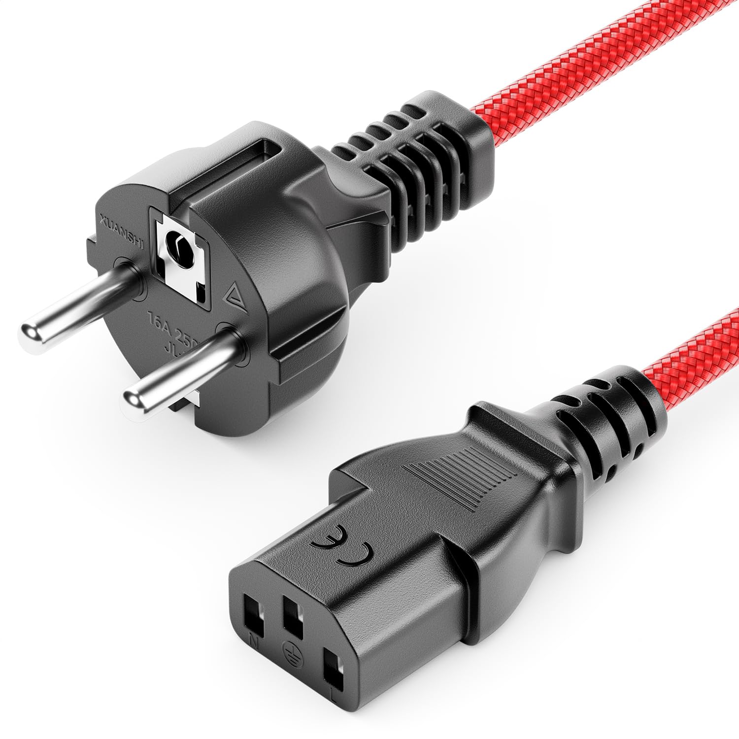 deleyCON 1 m Power Cable - Nylon Line - Power Supply Cable 3 Pin F Plug to C13 Socket PC Computer Monitor Printer Projector - Red - 2