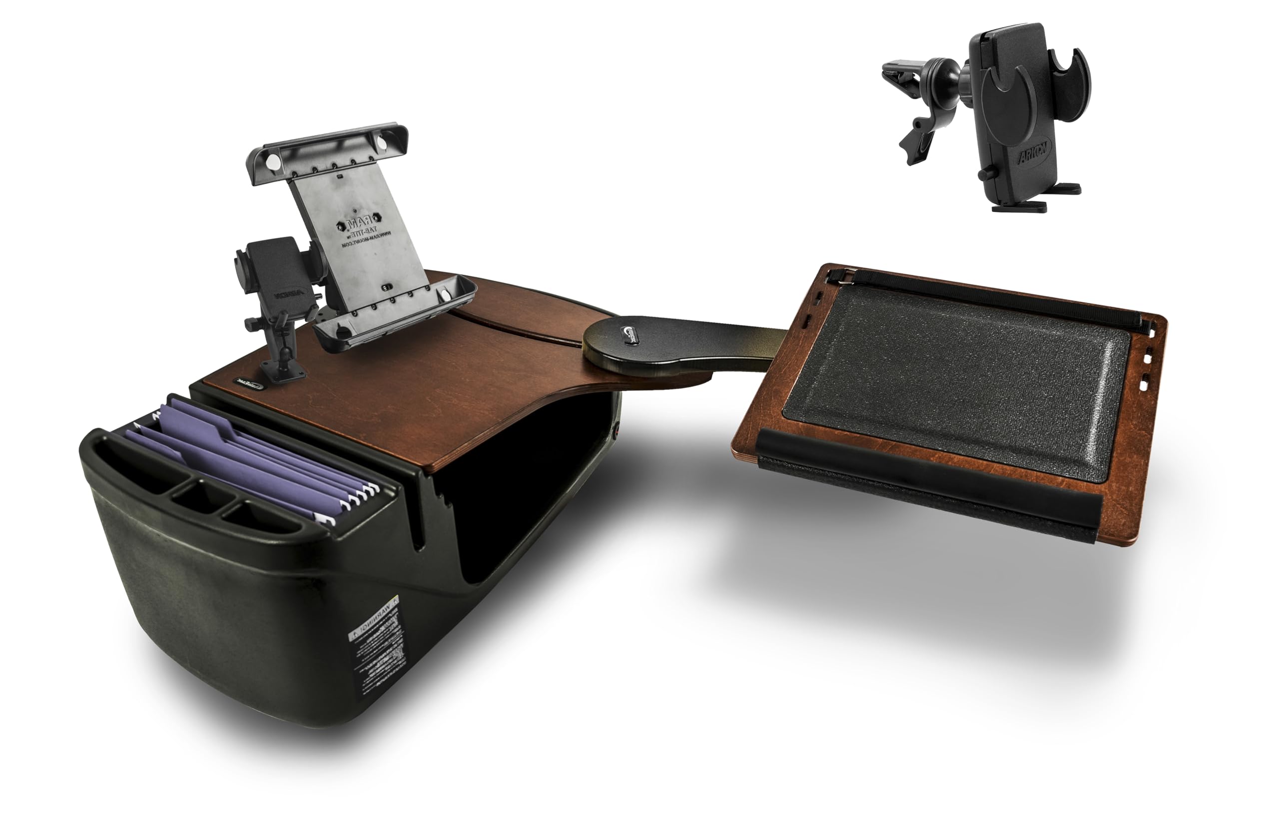 Bureau mobile pour travailler en voiture AutoExec arrière gauche en acajou avec rangements connectés