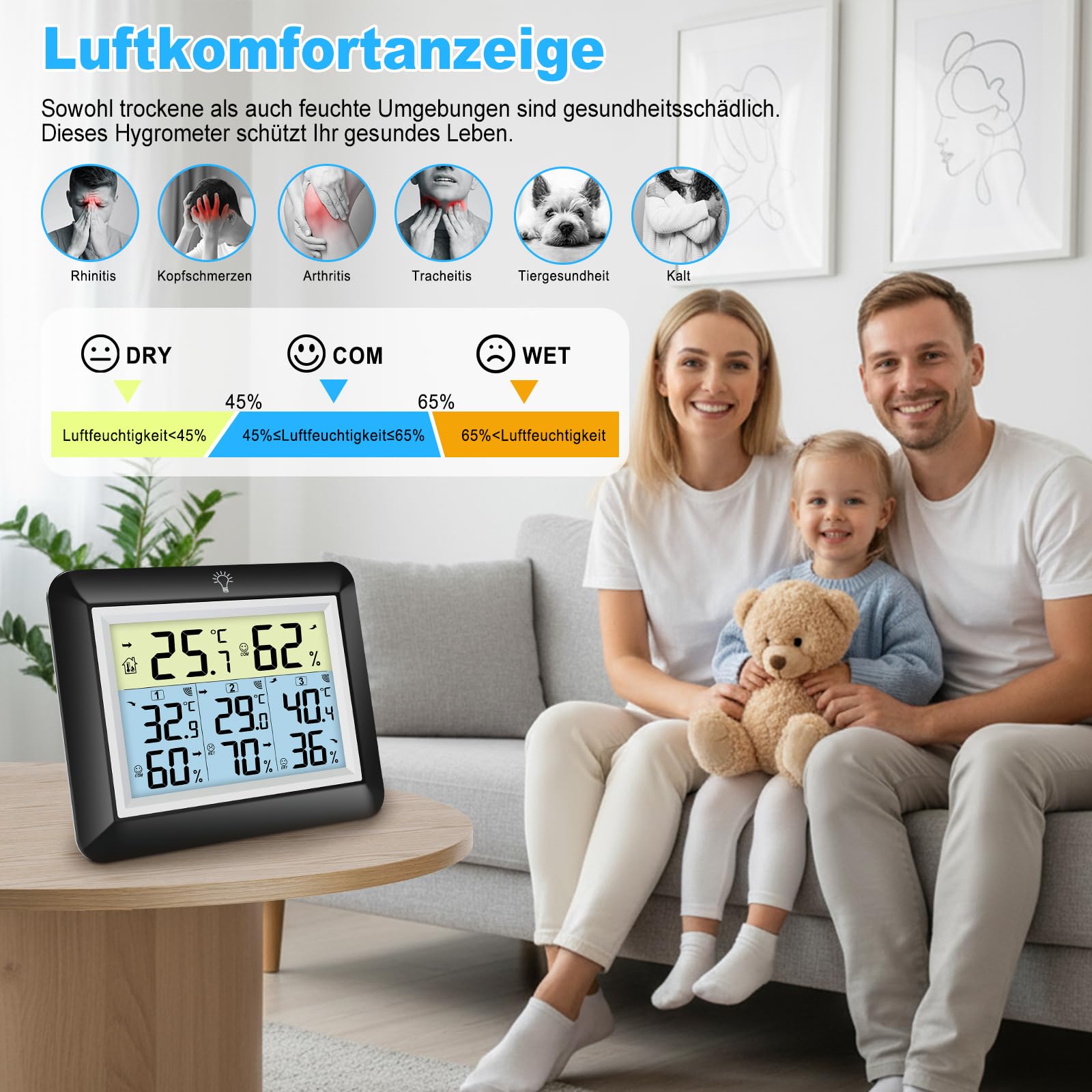 Urageuxy Funk Thermometer mit 3 Außensensoren - Wetterstation mit 100m Reichweite, Digital Hygrometer Thermometer mit Großem LCD-Display, MIN/MAX-Aufzeichnung, Einfache Bedienung (Schwarz)
