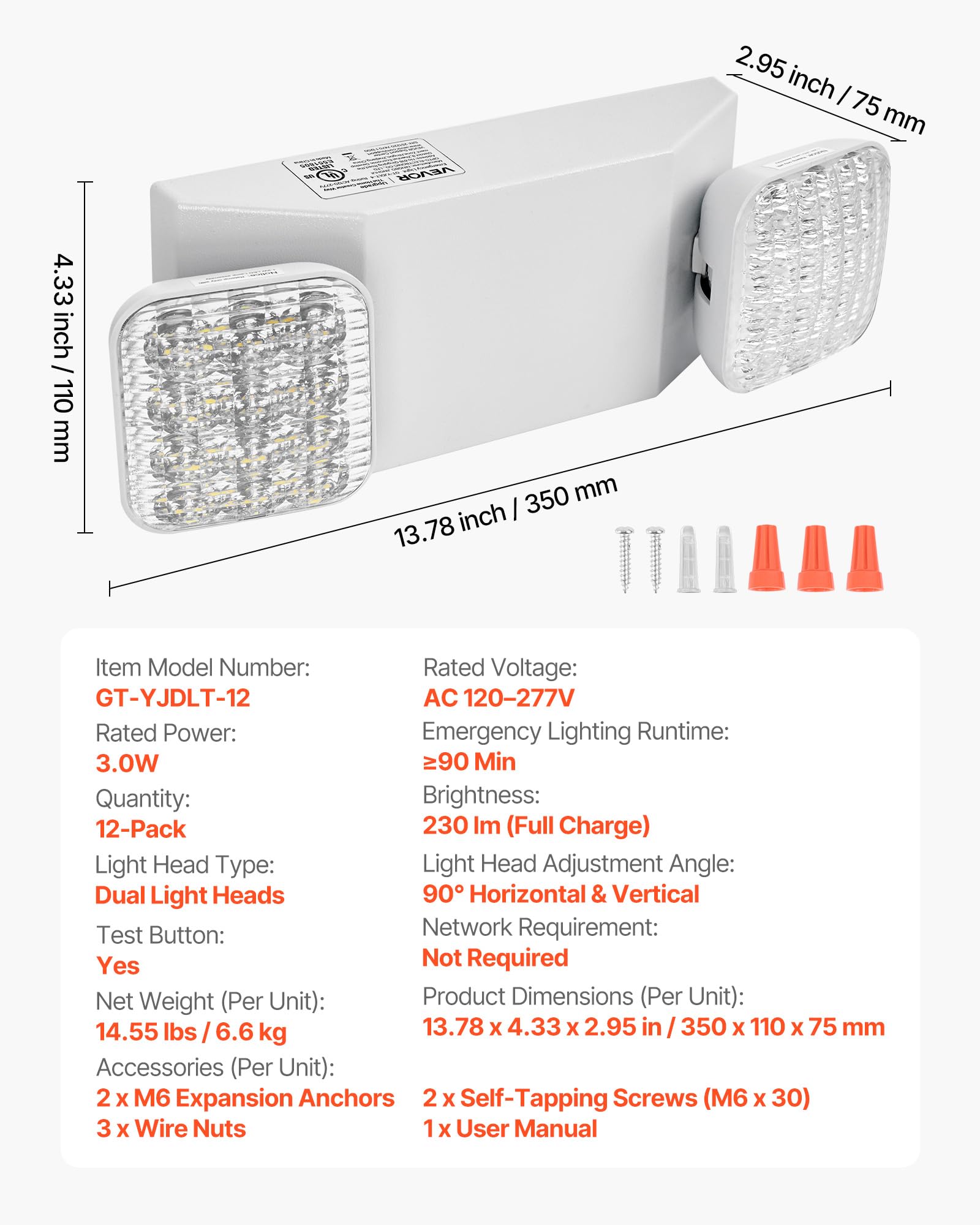 VEVOR Set di Lampada Emergenza LED da Incasso da Parete, Plafoniera Emergenza Uscita da 12 pezzi, Faretti LED per Uscita da Incasso da Parete con Teste Quadrate, CA 120/277 V, Potenza Nominale 3 W