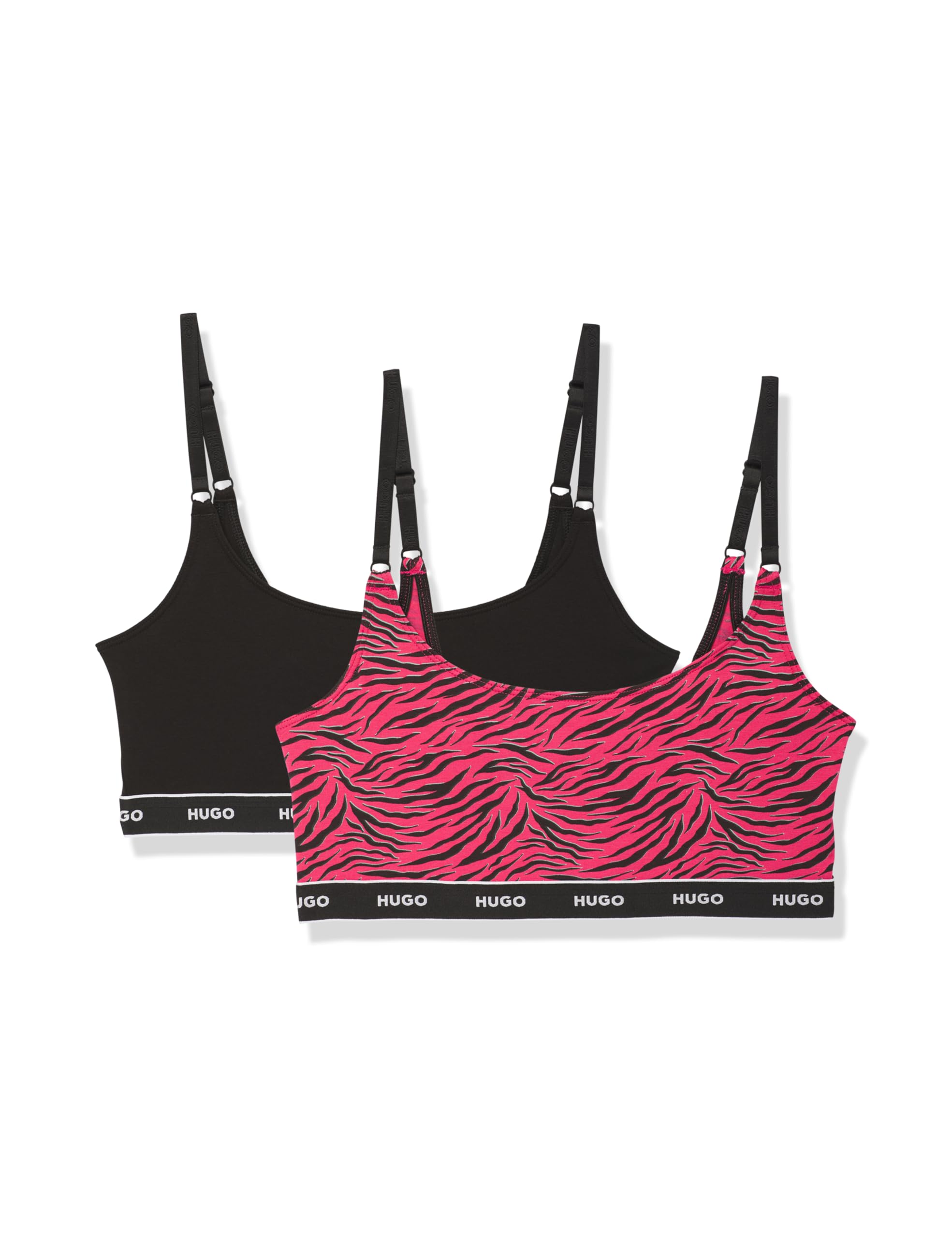 HUGO Women's 2-Pack Repeat Logo Cotton Stretch Bralettes, Black/Pink Zebra, L