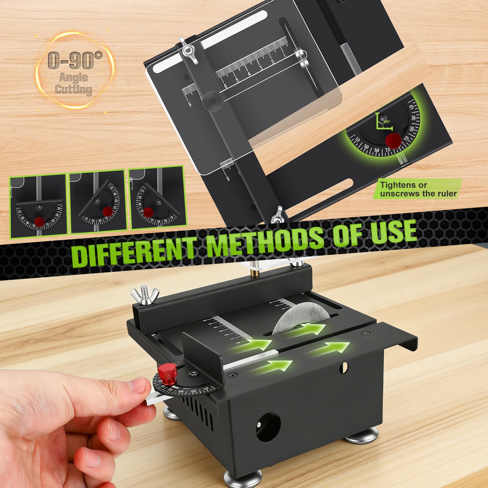 Kleine Tischkreissäge mit 4 Sägeblättern, 100W Präzisions Table Saw Sägeblatt Sägeblattwinkel einstellbar 0-90°, Multifunktionale Tischsäge für DIY Holzbearbeitungsprojekte, 7 Geschwindigkeitsstufen