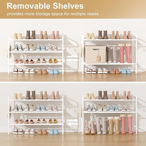 Miniatura 6 de Zapatero de 3 niveles de 33 pulgadas de ancho, organizador de zapatos de metal largo con 4 ganchos laterales, estante resistente para zapatos