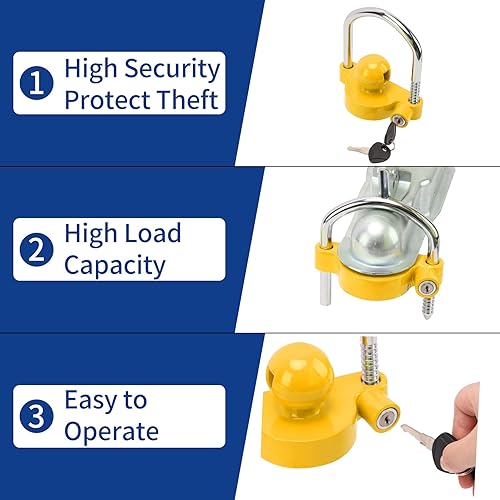 Miniatura 4 de METOWARE Cerradura de acoplador de remolque universal ajustable de acero con llave bloqueo de bola de remolque antirrobo para seguridad de remolque
