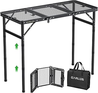 GARLLEN Folding Grill Table, 3 Adjustable Height Portable Camping Table with Heat-Resistant Mesh Tabletop, Lightweight Aluminum Picnic Table for Outdoor, BBQ, Camping, 34.2" L x 15.7" W, Black