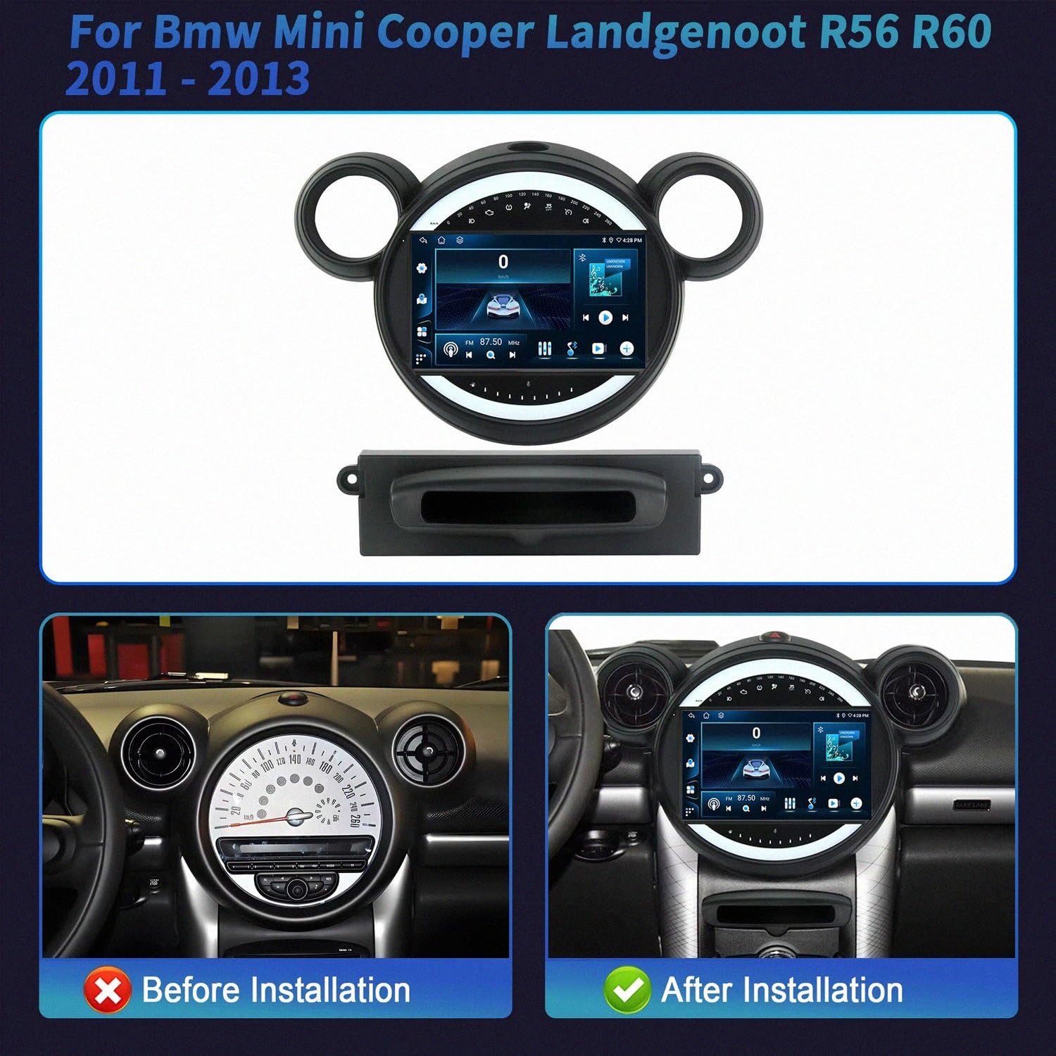 Car Auto Play Auto Stereo Car dla BMW Mini Cooper Landgenoot R56 R60 2011-2013 Samochodowe Radio Fm Touch, Przenośna Nawigacja, Odtwarzacz Wideo Bluetooth Wi-Fi, Sterowanie, 4 Rdzeń 1G+32G