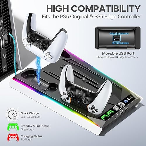 Miniatura 3 de Soporte PS5 para PS5 Slim DiscPS5 Disc & Digital, estación de enfriamiento de 3 niveles y LED RGB con cargador controlador para PS5 y controlador de