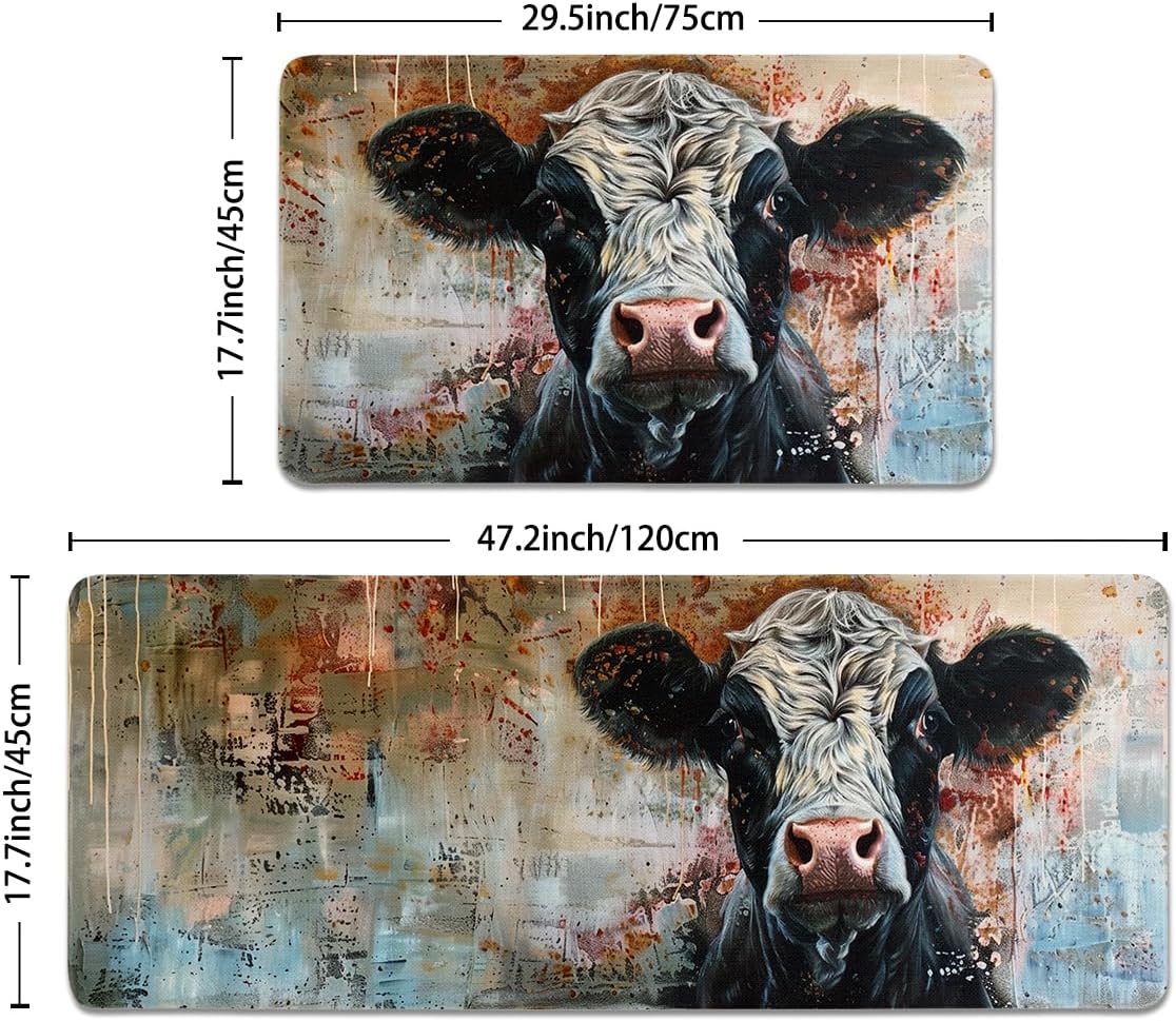 Farmhouse Cow Kitchen Rugs Set of 2 - Farmhouse Country Washable Non-Slip Linen Floor Mats(17.7''x29.5''+17.7''x47'') - Kitchen Mats for Home Office Bedroom Bathroom Laundry