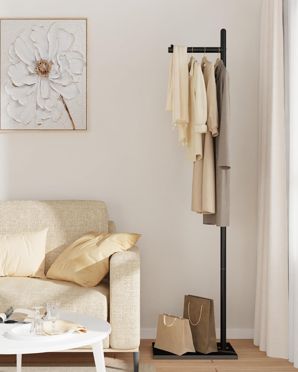 Yawinhe Percheros de Pie, Percha independiente en forma de L, Base de losa de roca,Perchero para Abrigos Adecuado para Guardar Ropa, Bolsos y Sombreros, Negro,39×26×174cm,SMJ101B