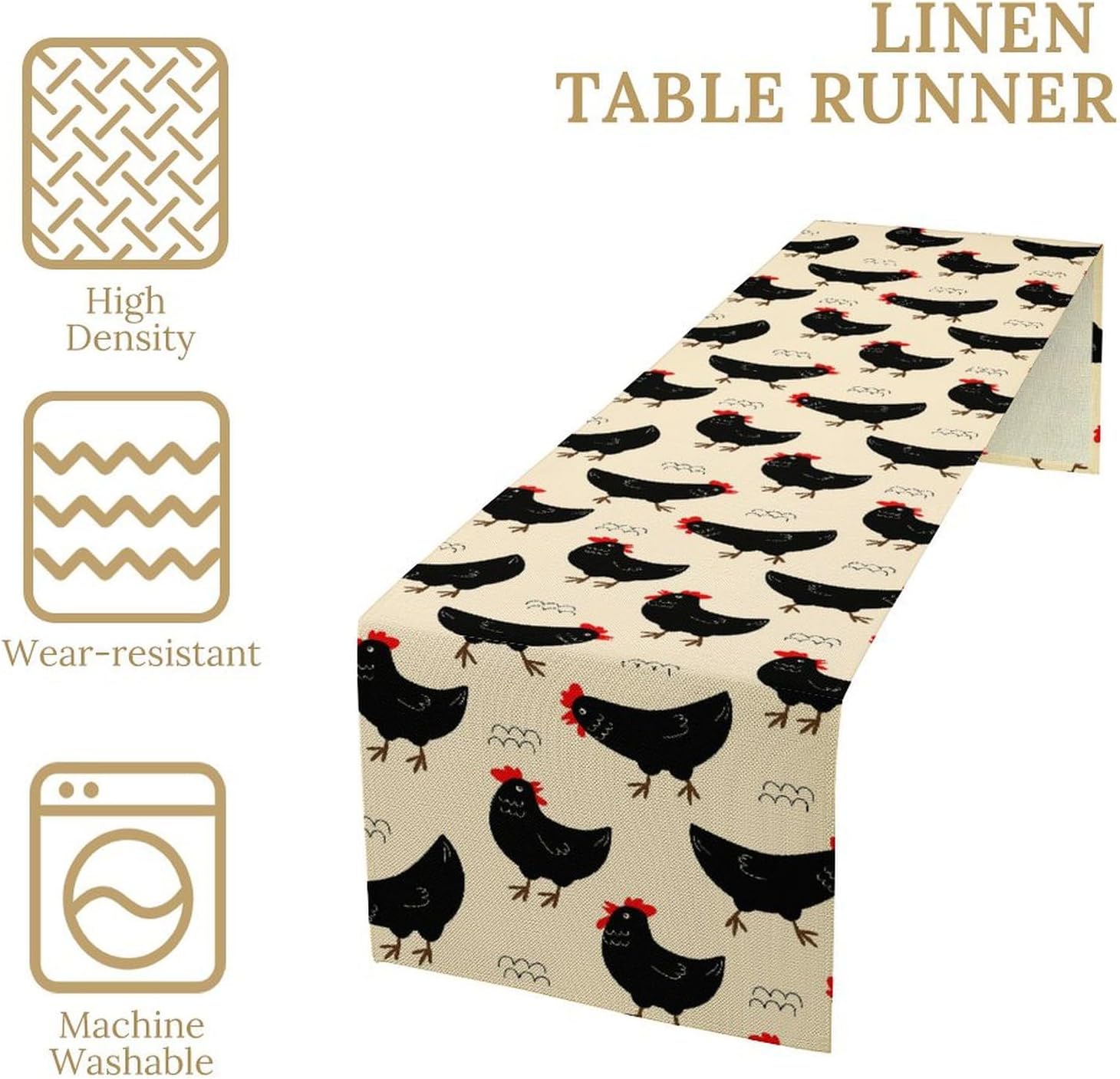 Farmhouse Rooster Dining Table Runner Black Funny Chicken Vintage Farm Flower Dinner Runner for Country Farmhouse Home Kitchen Dinner Table Holiday Party, 13x120 Inch