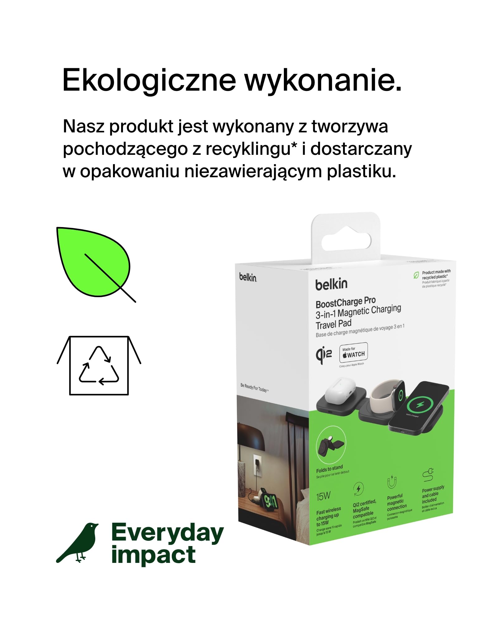 Belkin BoostCharge Pro podróżna magnetyczna podkładka ładująca 3 w 1 15 W z certyfikatem Qi2 – składana ładowarka indukcyjna zgodna z MagSafe do urządzeń iPhone 16/15/14, Apple Watch 10 i AirPods