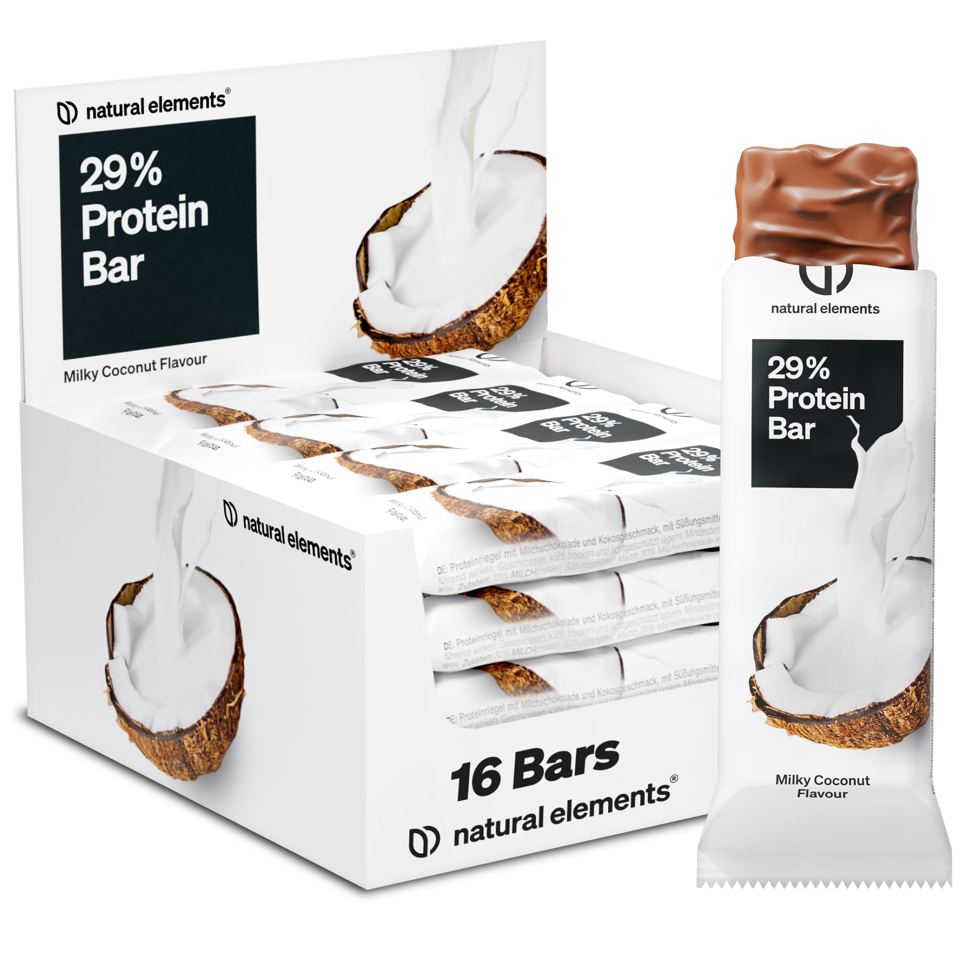 natural elements Proteinriegel Milky Coconut Geschmack – Low Sugar Eiweißriegel – 13g Protein und 167kcal pro Riegel – 16x45g, vegetarisch, ohne Palmöl – in Deutschland laborgeprüft