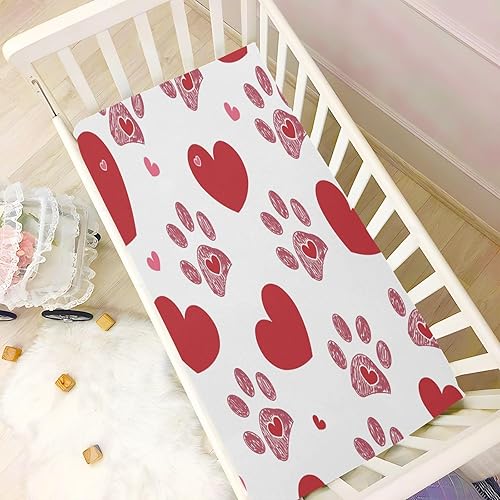 Miniatura 6 de Kigai Sábana bajera ajustable para cuna para niños y niñas, para el día de San Valentín, diseño de corazón y patas de perro, sábana de punto para